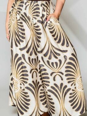 Umgee Cream Wide-Leg Palazzo Pants with Black & Gold Print c4390